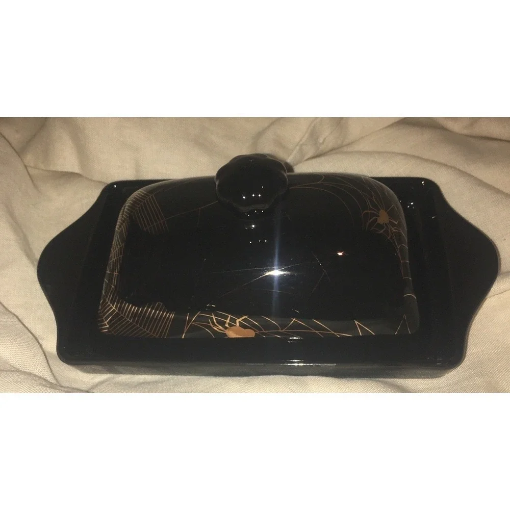 Park Chateau Spooky Ceramic Halloween Black Butter Dish With Gold Spiders & Webs